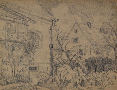 Konrad Sommer: Häuser in München-Moosach, um 1946, Bleistift  auf Papier, 20,6 x 26,8 cm 